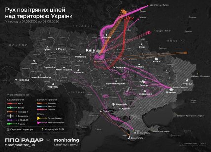 Движение воздушных целей над Украиной в ночь на 8 сентября 2026