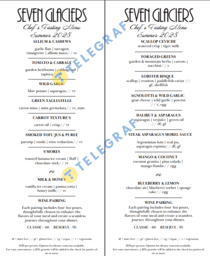 Меню ресторана Seven Glaciers