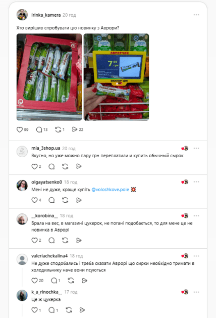 Публікація в Threads з фотографіями сирків в упаковці та коментарями користувачів