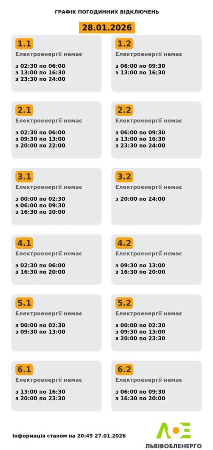 Графики отключений во Львовской области 28 января