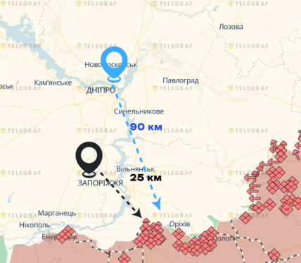 Расстояние от Запорожья и Днепра до ближайшей точки боев