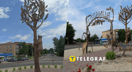 Скульптура медведя на сосне в поселке Сосница