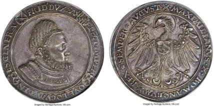 Гульденгрошен 1507 года работы Лукаса Кранаха Старшего. Курфюрство Саксония. Курфюрст Фридрих III Мудрый (1486–1525).