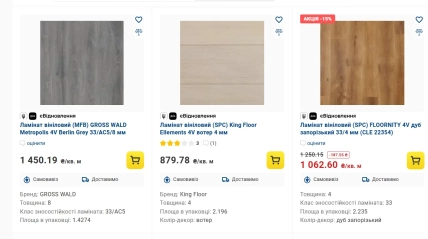 Три карточки винилового ламината GROSS WALD, King Floor и FLOORnITY с ценами за квадратный метр