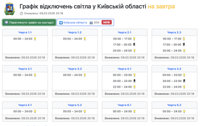 Графіки відключень у Київській області 10 березня