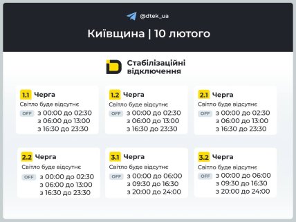 Графики отключений в Киевской области 10 февраля