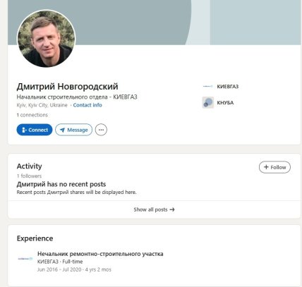Дмитро Новгородський. Скриншот його сторінки на LinkedIn