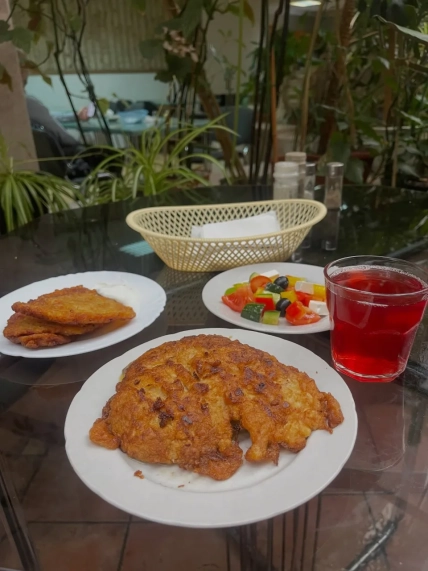 Картофельные драники, овощной салат и красный напиток на столе среди комнатных растений