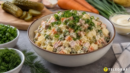 Миска оливье с зеленью, рядом солёные огурцы, зелёный лук, укроп и майонез