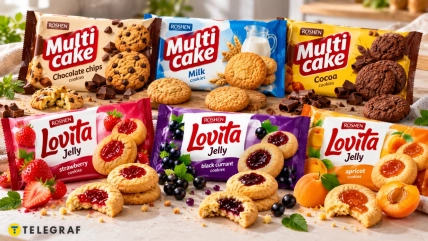 Пачки печенья Roshen Multicake и Lovita с печеньем и ягодами на столе