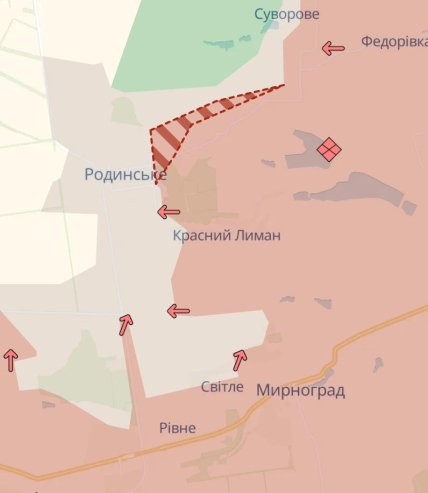 Просування росіян у Родинському на карті DeepState