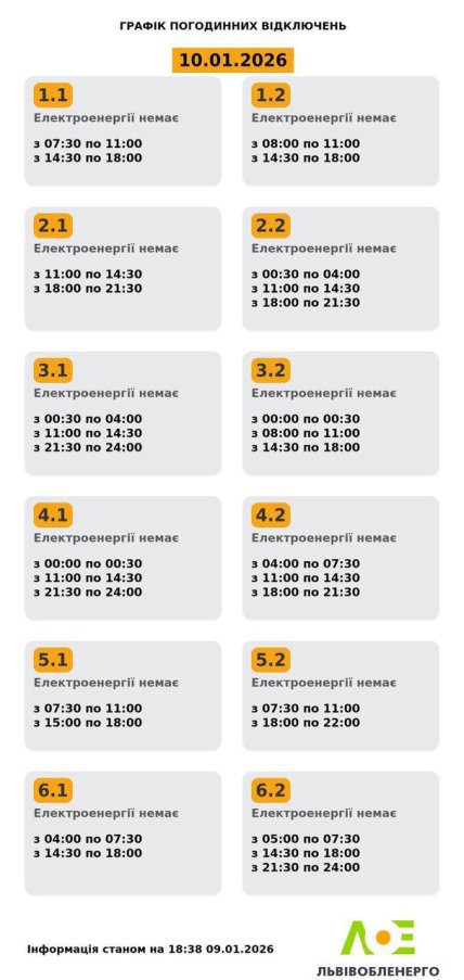 Графік відключення світла у Львівській області 10.01.2026