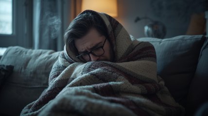 Мужчина пытается согреться в холодной квартире