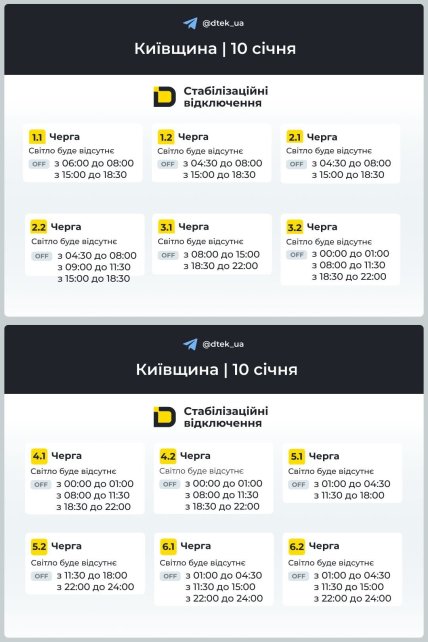 Графік відключення світла у Київській області 10.01.2026
