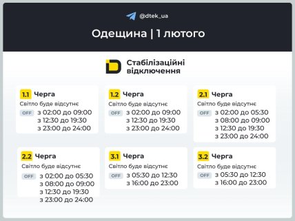 Графіки відключень в Одеській області 1 лютого