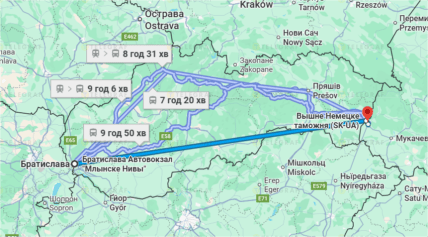 Продолжительность поездки в Братиславу из Ужгорода автобусом или с пересадками, карта