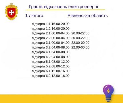 Графіки відключень в Рівненській області 1 лютого