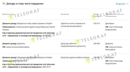 Данные о месте работы Александра Ильина. Фрагмент декларации