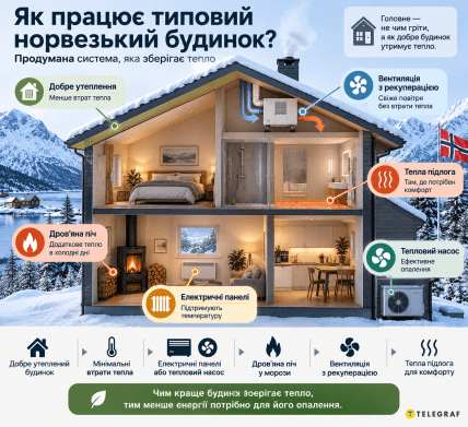 Как отапливают норвежские дома. Инфографика: ИИ "Телеграф"