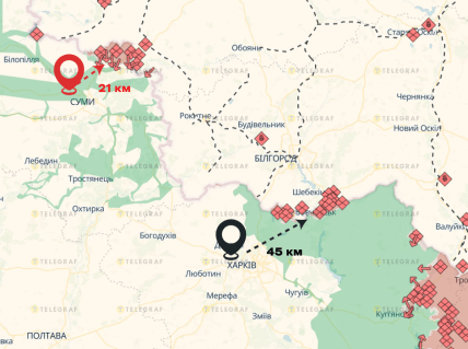 Расстояние от Сум и Харькова до ближайшей точки боев