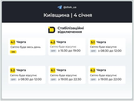 Графіки відключень у Київській області 4 січня