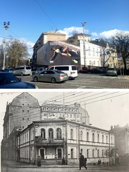 Фасад "будинку Грушевського" (вул. Софіївська, 20/21) забудовник також закрив банерами. Для порівняння — історичне фото понад століття тому