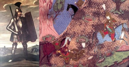 Слева – Регент Венгерского королевства Янош Гуньяди. справа – фрагмент миниатюры, изображающий командующего турецкой легкой кавалерией акинджи, побеждающего венгерского рыцаря.