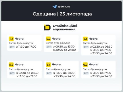 Графики отключений в Одесской области 25 ноября