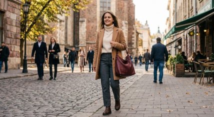 Винная сумка, дополняющая образ в нейтральных тонах