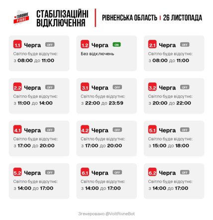 Графики отключений в Ровенской области 26 ноября