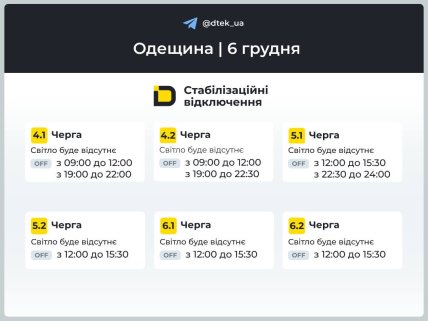 Графіки відключень світла в Одеській області 6 грудня