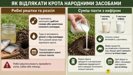 Инфографика о рыбных остатках и смеси пахты с кефиром для отпугивания кротов