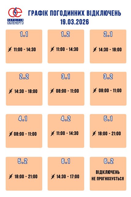 Графіки відключень у Чернігівській області 19 березня