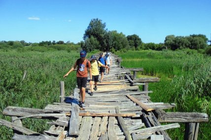 діти переходять міст через річку Удай