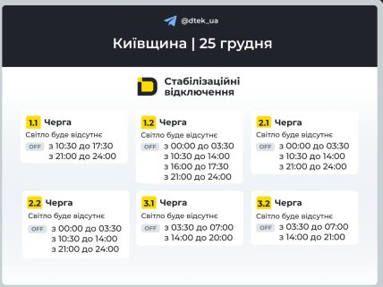 Графики отключений в Киевской области 25 декабря