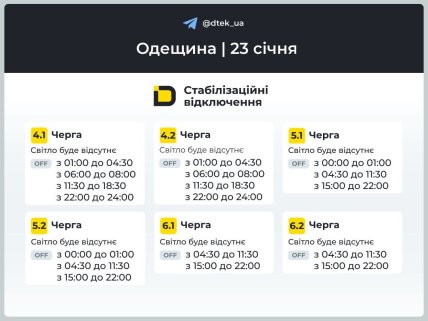 Графики отключений в Одесской области 23 января