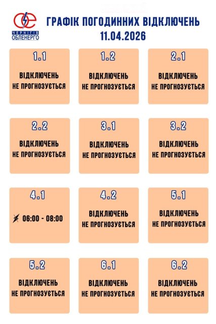 Графік відключення світла у Чернігові та області 11.04.2026
