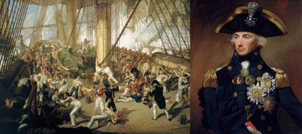 Смерть адмирала Горацио Нельсона на шканцах (верхняя палуба) корабля HMS Victory. Художник Денис Дайтон, 1825 год. Портрет Горацио Нельсона. Художник Лемюэль Фрэнсис Эббот, 1799 год