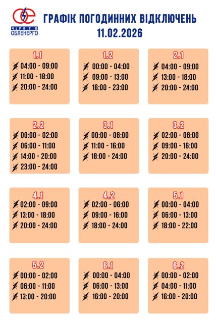 Графіки відключень у Чернігівській області 11 лютого