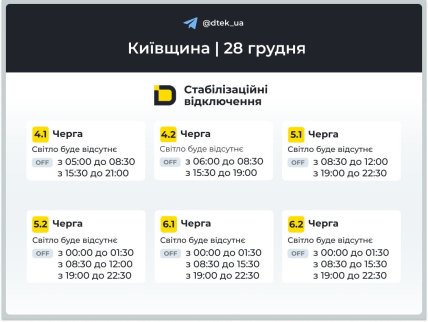 Графіки відключень у Київській області 28 грудня
