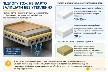 Утепление пола помогает предотвратить потери тепла через неотапливаемые подвалы.
