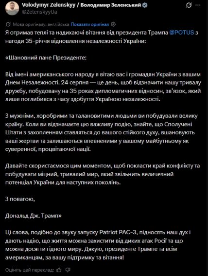 Трамп поздравил Украину с Днем Независимости