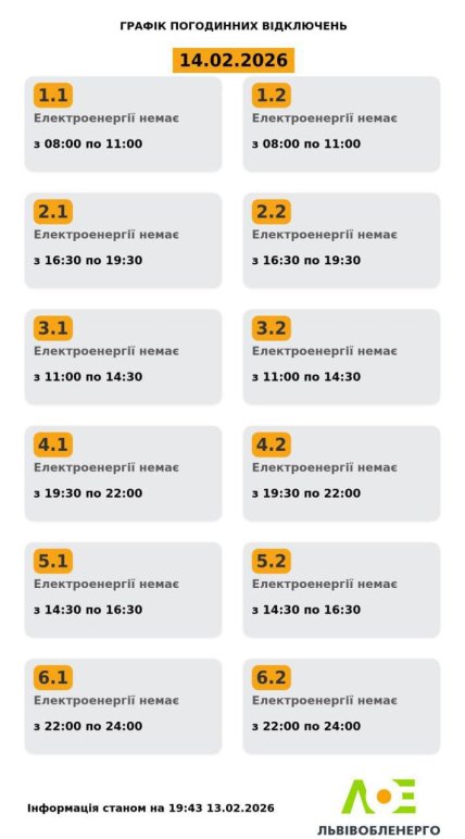 Графики отключений во Львовской области 14 февраля