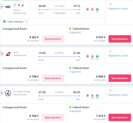 Стоимость авиабилетов в Швейцарию