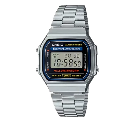 Сріблястий цифровий годинник Casio A168WA-1 з металевим браслетом на білому тлі