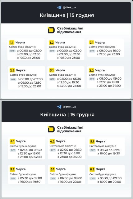 Графік відключення світла в Київській області 15.12.2025