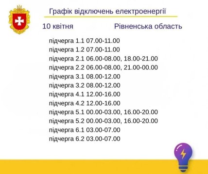 Графики отключений в Ровенской области 10 апреля