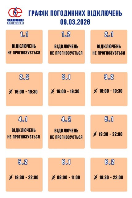 График отключения света в Чернигове и области 09.03.2026