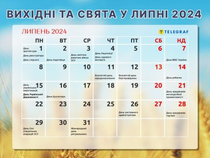 Які свята відзначають в липні 2024 і скільки вихідних