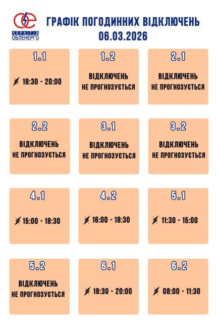 Графіки відключень у Чернігівській області 6 березня